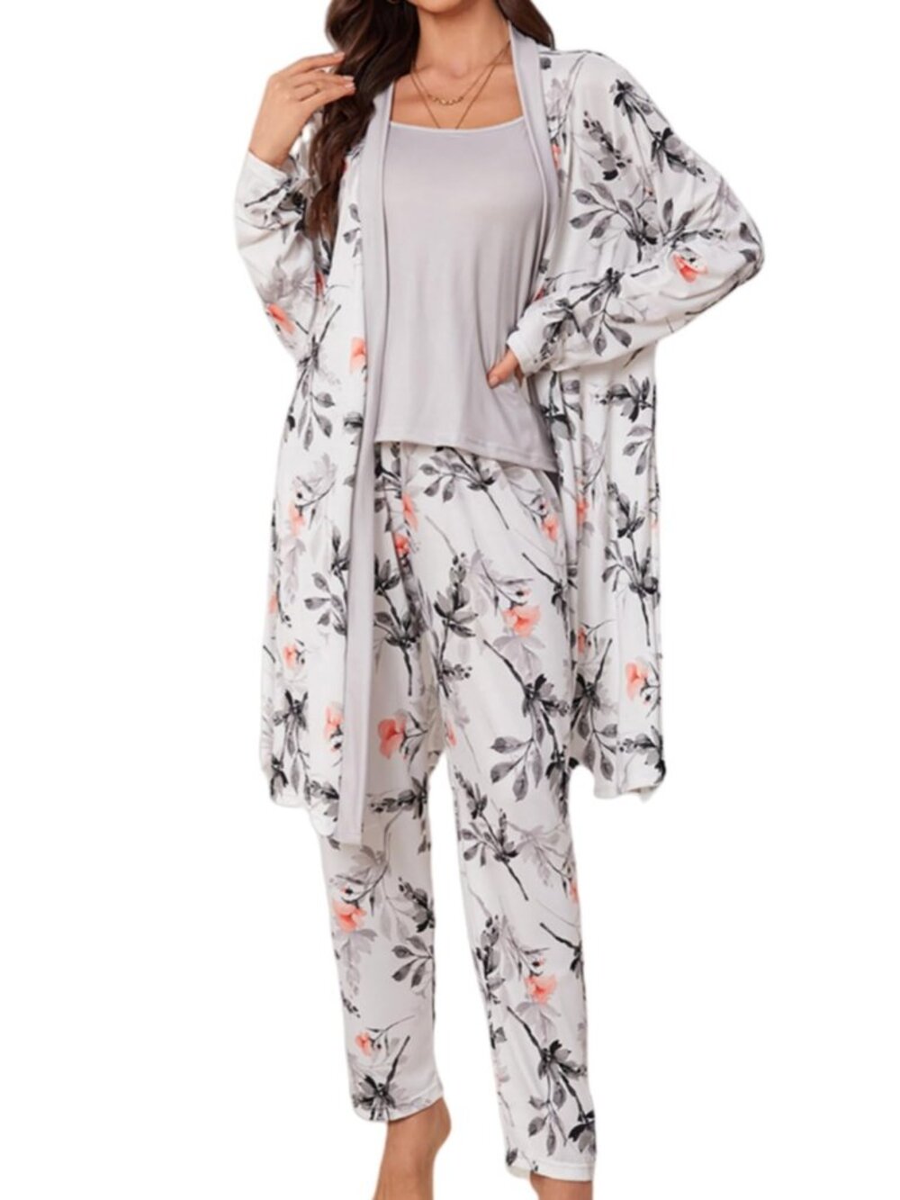 Women's 3-Piece Floral Pajama Set with Robe and Wide Leg Sleepwear Pants